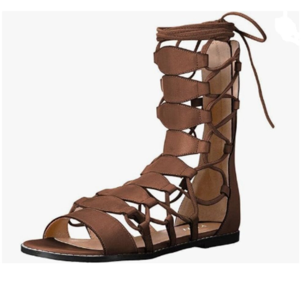 YDN Brown Ankle High Gladiator Sandals for Women Lace up Open toe Flat Zips Shoe